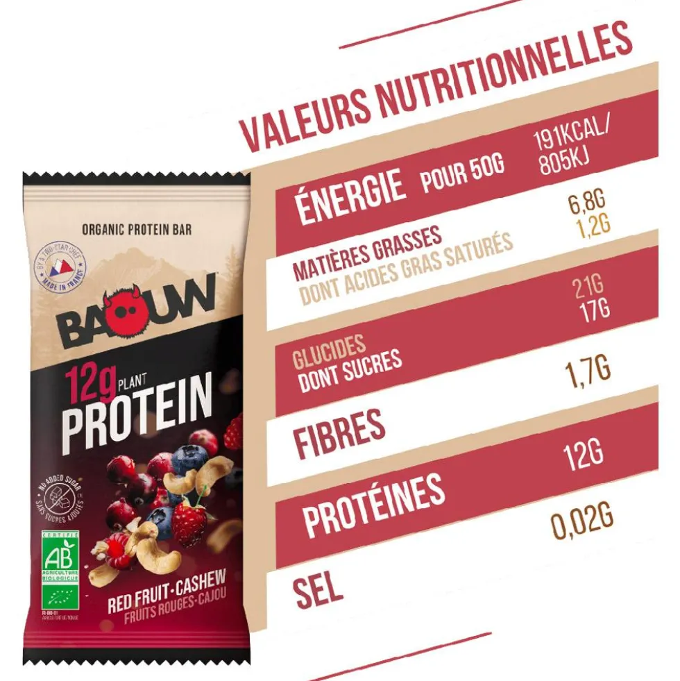 Barrette energetiche Baouw Protéinée Bio 50 g. Fruits Rouges & Cajou