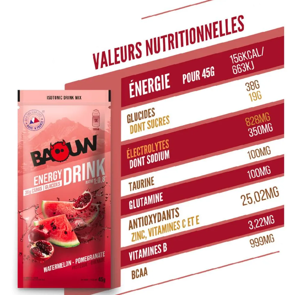 Bevi Baouw Boisson Isotonique Bio Sachet 45 g. Pastèque Grenade