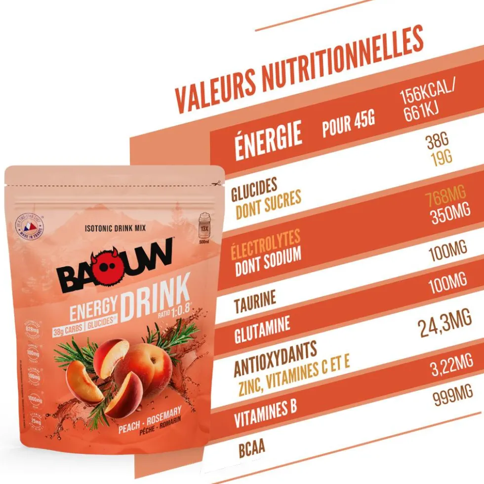 Bevi Baouw Énergétique Isotonique Bio 585 g. Pêche Romarin