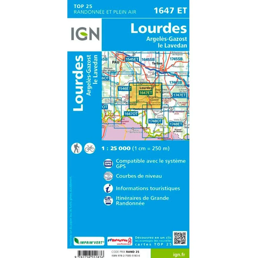 Carte IGN 1647ET Lourdes Argelès-Gazost le Lavedan