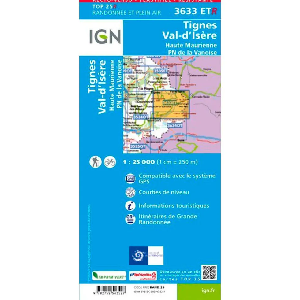 Carte IGN 3633ETR Tignes, Val-d'Isère, Haute Maurienne, Parc national de la Vanoise - Résistante