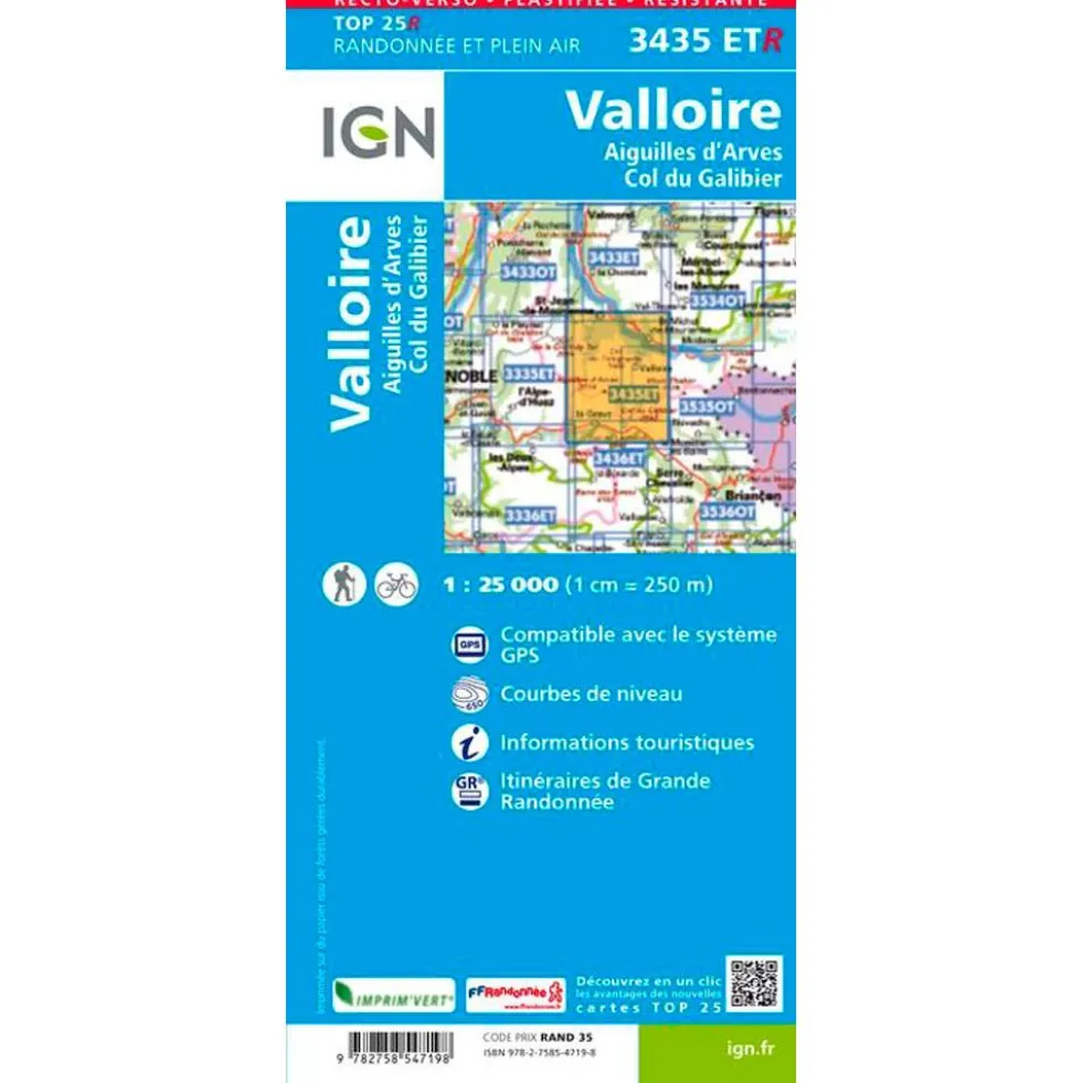 Carte IGN 3435ETR Valloire, Aiguilles d'Arves, Col du Galibier - Résistante