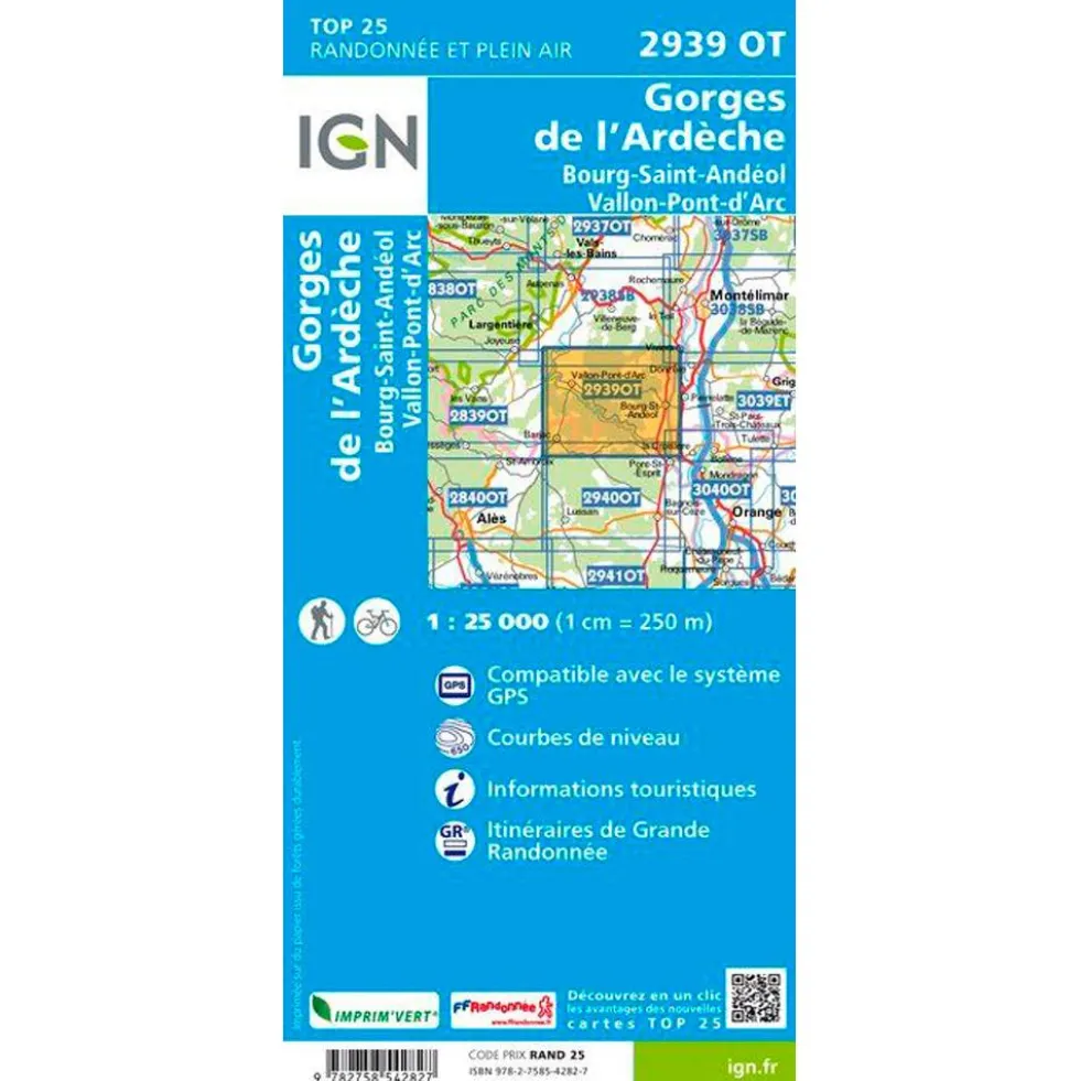 Carte IGN 2939OT Gorges de l'Ardèche, Bourg-Saint-Andéol, Vallon-Pont-d'Arc
