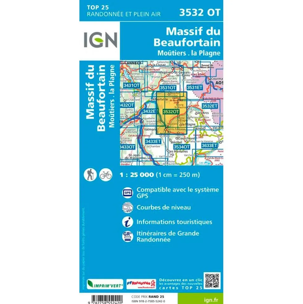Carte IGN 3532OT Massif du Beaufortain, Moûtiers, la Plagne