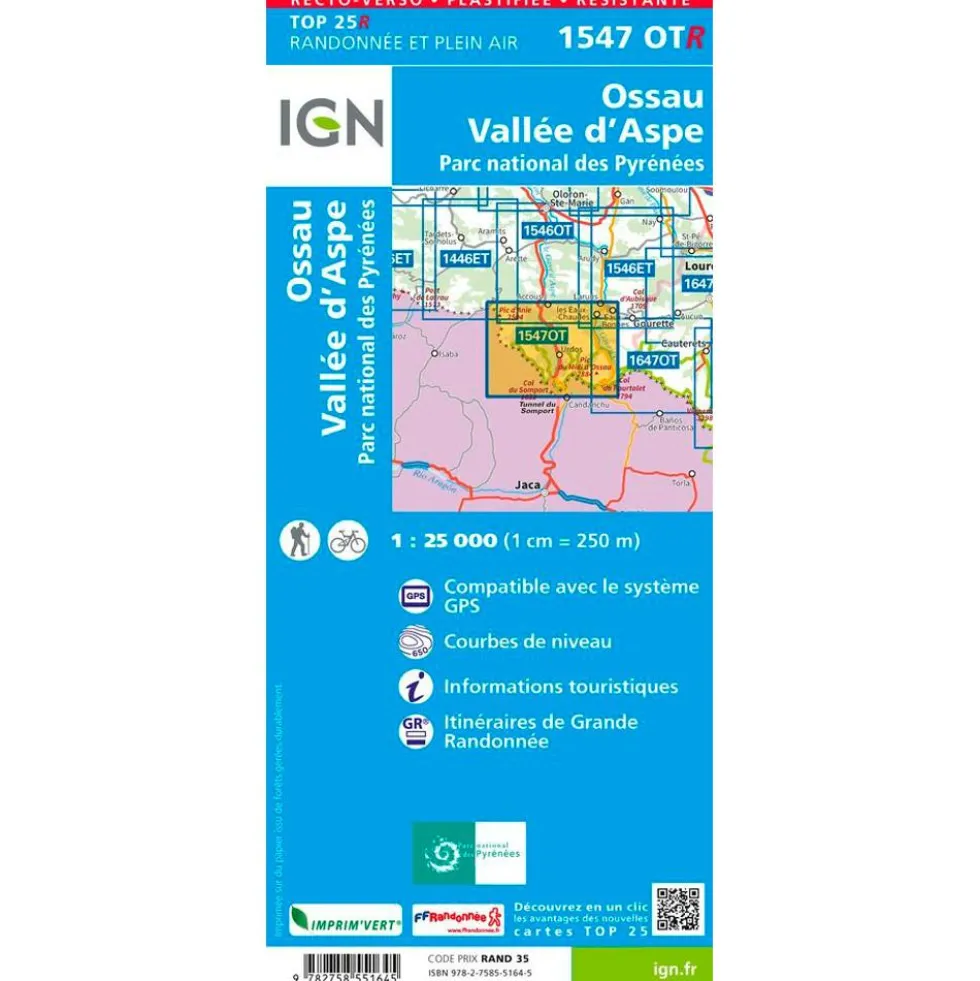 Carte IGN 1547OTR Ossau, Vallée d'Aspe, Parc national des Pyrénées - Résistante