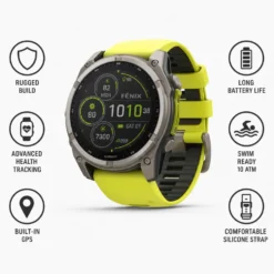 Orologi GPS Garmin Fenix 8 Solar Sapphire Titanium Bracelet Silicone Jaune Graphite