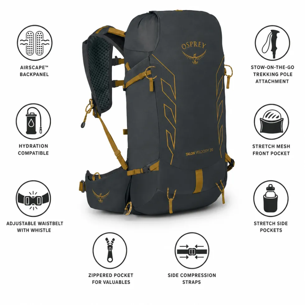 Zaino Osprey Talon Velocity 20 Dark Charcoal Tumbleweed Yellow