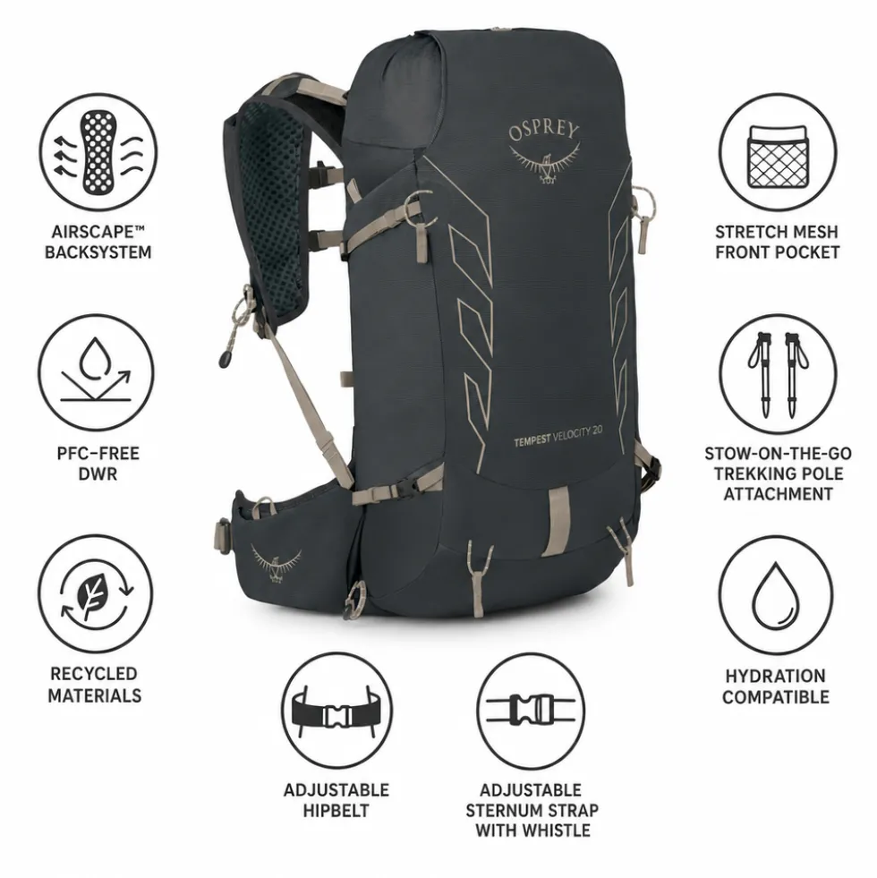 Zaino Osprey Tempest Velocity 20 Dark Charcoal Chiru Tan